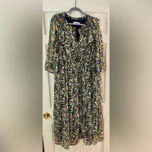 Loft midi lined dress. Floral print - blue, yellow, white. Size xl. NWOT.